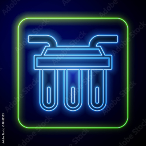 Glowing neon Water filter icon isolated on blue background. System for filtration of water. Reverse osmosis system. Vector.