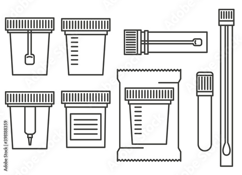 Laboratory tests containers. Test urine, biomaterial, feces, semen, and blood in plastic jars with lids. Outline vector illustration