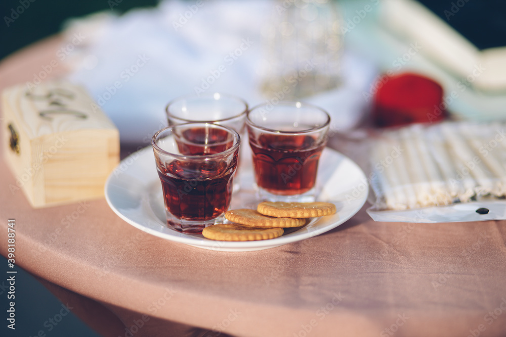 Bread and grape juice used in wedding ceremonies.
Bread and grape juice used in wedding ceremonies.