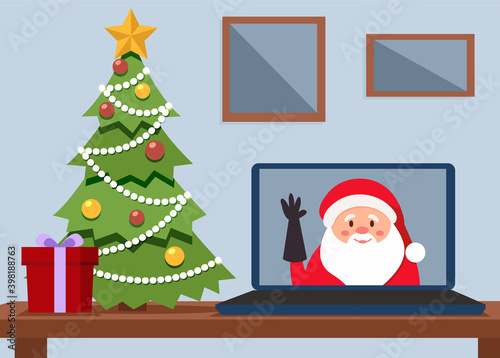 Santa's Greetings - online. Flat style room. Christmas tree, gift, laptop.