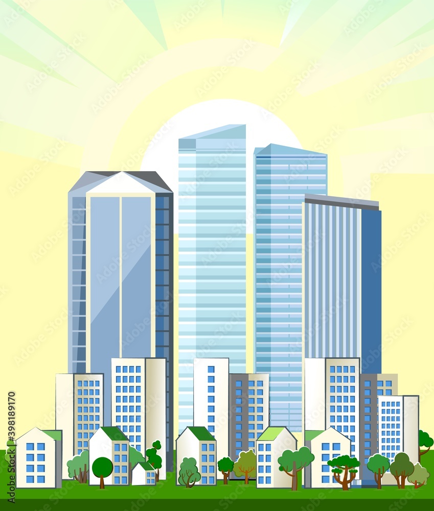 Big modern city. Light pleasant cityscape. High-rise buildings, skyscrapers and high-rise buildings. Green park area with lawns and trees. Flat style. Sky. Vector