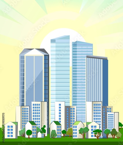 Big modern city. Light pleasant cityscape. High-rise buildings, skyscrapers and high-rise buildings. Green park area with lawns and trees. Flat style. Sky. Vector