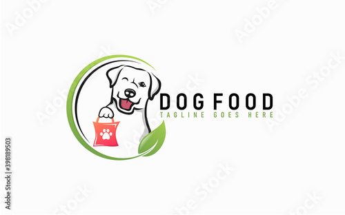Dog Food Logo Design. Modern Dog Holding Dog Food Symbol Design Usable For Business, Community, Foundation, Industrial, Tech, Services Company. Flat Vector Logo Design Illustration.