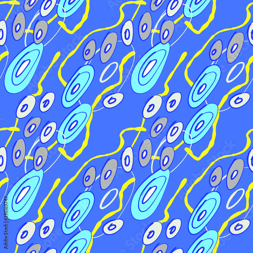 Abstract marine seamless pattern with graphic circles ovals lines in blue shades. For Wallpaper, fabrics, packaging, etc.