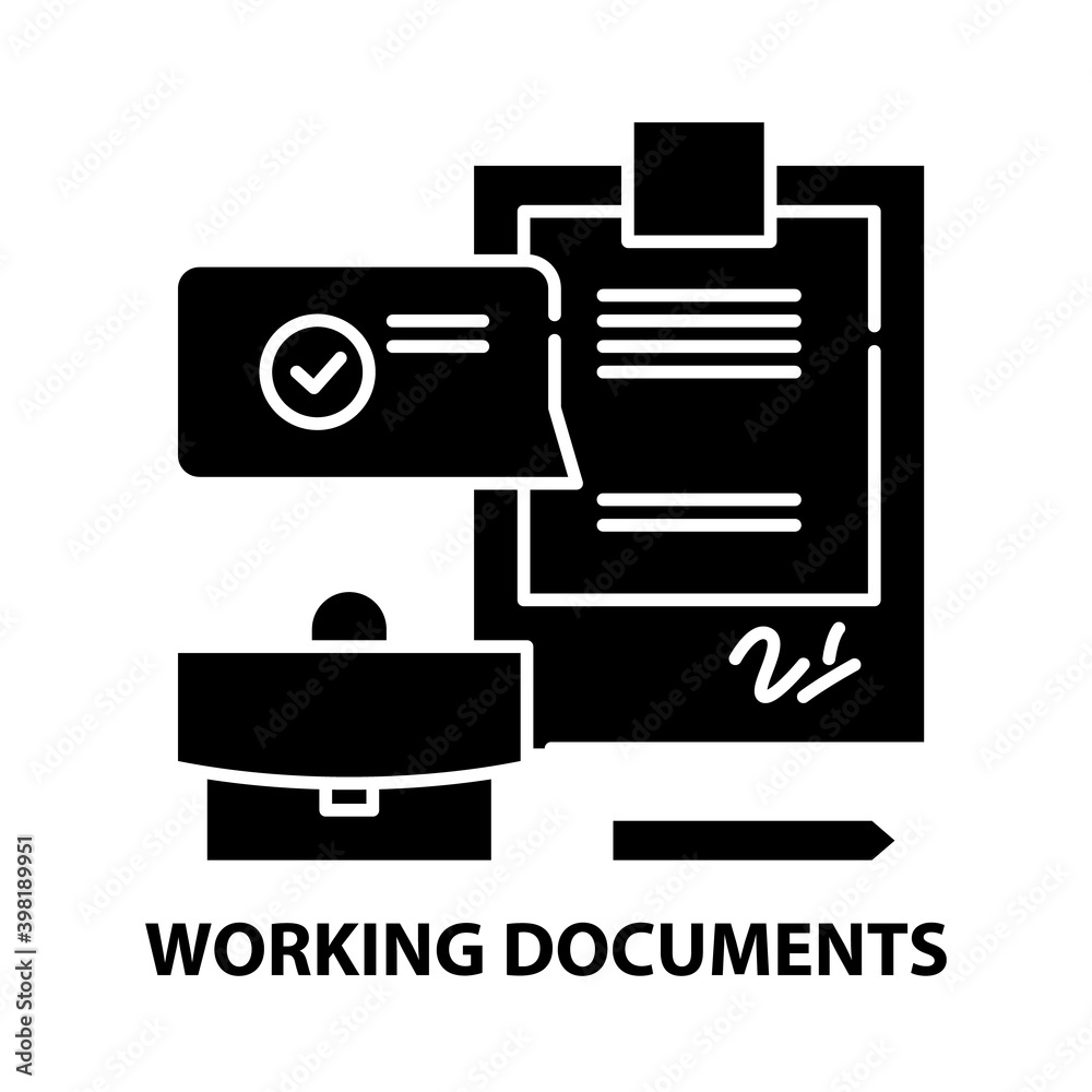 working documents icon, black vector sign with editable strokes, concept illustration working documents icon, black vector sign with editable strokes, concept illustration