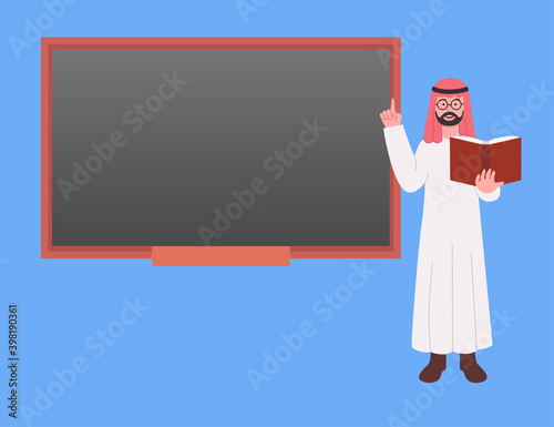 Arab Man Teacher Explaining Book Flat Cartoon Illustration