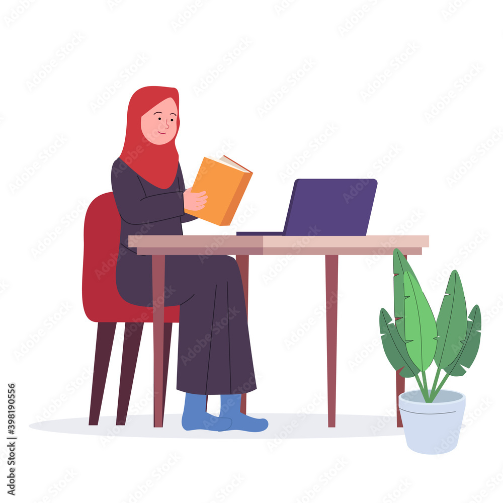 Arabian Women Reading Book Cartoon Illustration