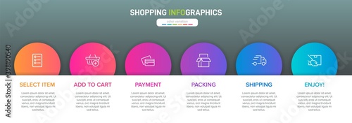 Concept of shopping process with 6 successive steps. Six colorful graphic elements. Timeline design for brochure, presentation, web site. Infographic design layout.