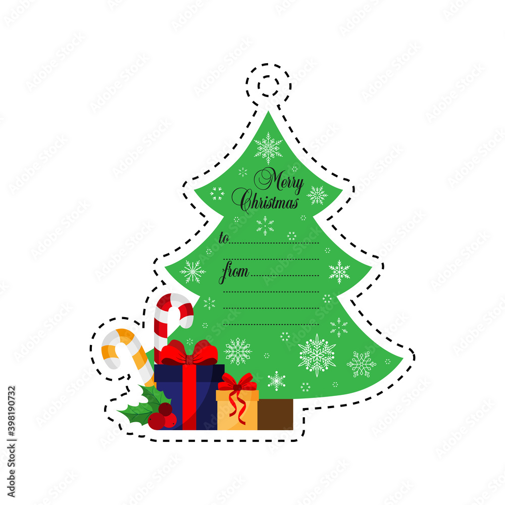 Christmas tree with gifts. Christmas. Gift tag. Card. Vector . Flat