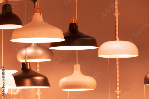 Many lamps and chandeliers for the interior of rooms and bedrooms.