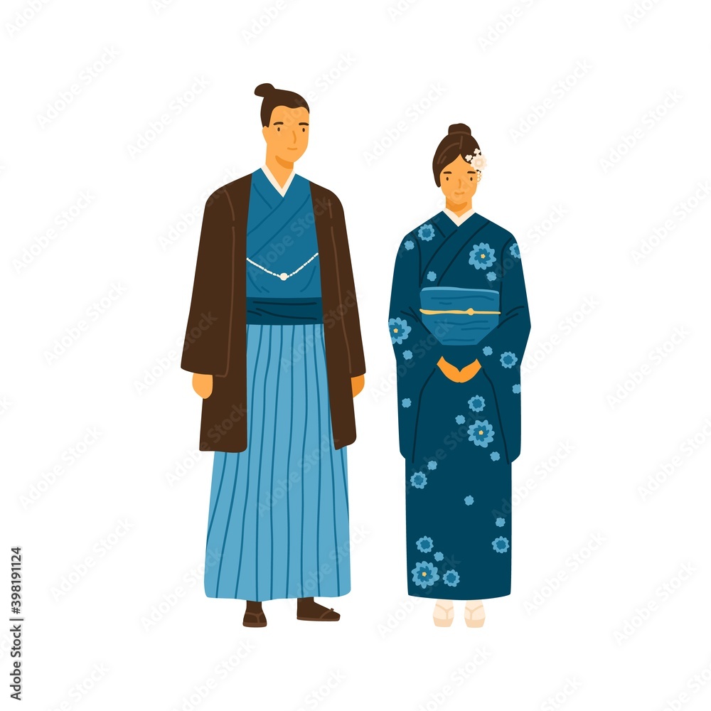 Japanese couple wearing traditional costumes. Man and woman in decorated national clothes yukata and hakama. Young family from japan in folk dress. Flat vector illustration isolated on white Japanese couple wearing traditional costumes. Man and woman in decorated national clothes yukata and hakama. Young family from japan in folk dress. Flat vector illustration isolated on white