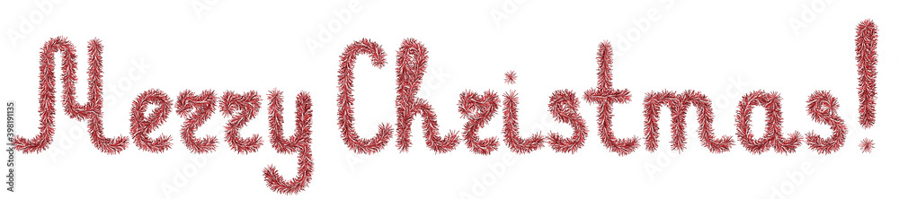 Tinsel. Merry Christmas. Lettering from a holiday decoration. Fluffy lettering. Vector illustration. Isolated white background. The decor is ruby ​​color. Cute plush message. A rustling wish. 