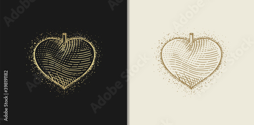Heart or love symbol. Vector gold vintage engraving illustration on a dark and bright background. For web, posters, infographics, tattoos, tarot cards.
