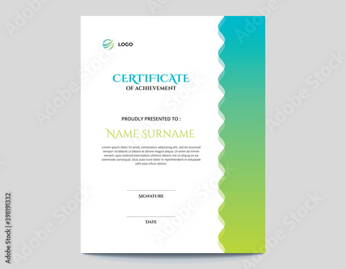 Abstract Colored Blue and Green Waves Vertical Certificate Design Template
Letter Size 8.5x11 with .125 Bleed