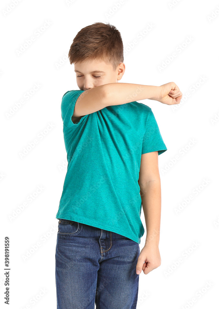 Coughing little boy on white background Coughing little boy on white background