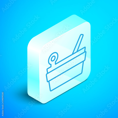 Isometric line Sauna bucket and ladle icon isolated on blue background. Silver square button. Vector.