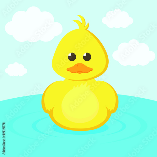 One cute yellow duckling. Cartoon cute duckling floats on the water. Flat vector illustration