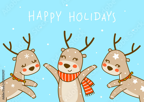 Cute little deers on blue background - cartoon characters for funny Christmas and New Year winter greeting card design