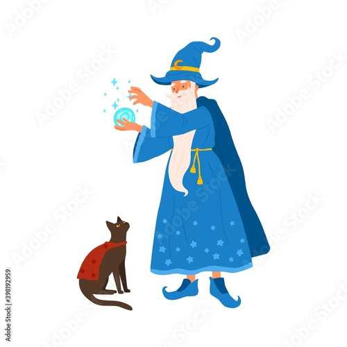 Aged gray haired mage conjure with magic ball. Portrait of old magician practicing wizardry with cat. Cute wise wizard. Flat vector cartoon illustration of funny sorcerer isolated on white