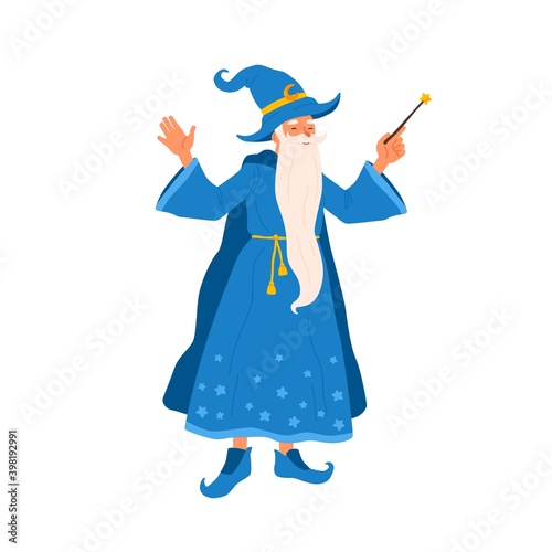 Aged bearded mage conjure with magic wand. Portrait of old magician practicing wizardry. Cute wise sorcerer in magical costume. Flat vector cartoon illustration of funny wizard isolated on white