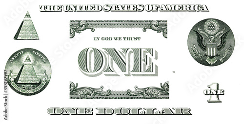 1 US dollar banknote. Elements for design purpose on white background photo