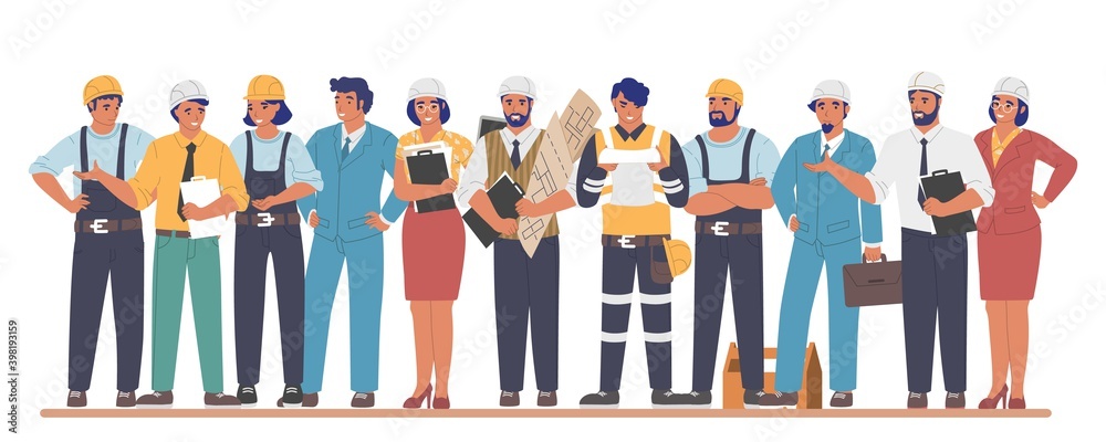Building workers and engineers cartoon characters, flat vector illustration. Industrial workers, people of different building professions wearing hardhats and uniform. Construction industry.