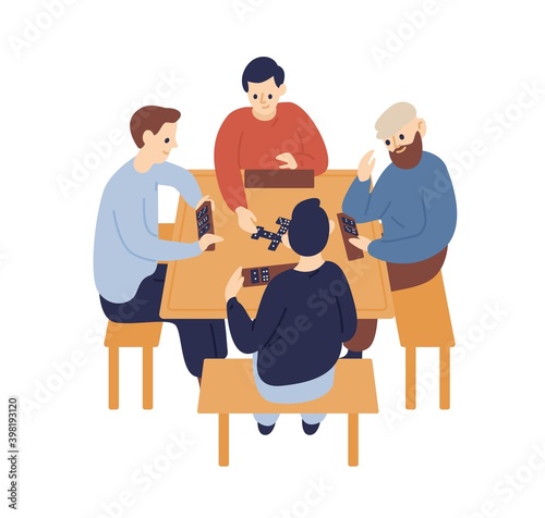 Group of people sitting at table and playing domino. Men players spend time at board game together. Friends having joyful recreation. Flat vector cartoon illustration isolated on white