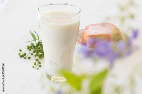 soybean milks healthy drinks with dessert bread for breakfast on table white