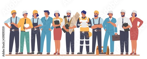 Building workers and engineers cartoon characters  flat vector illustration. Industrial workers  people of different building professions wearing hardhats and uniform. Construction industry.