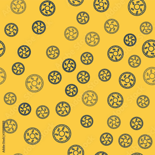 Blue line Donut with sweet glaze icon isolated seamless pattern on yellow background. Vector.