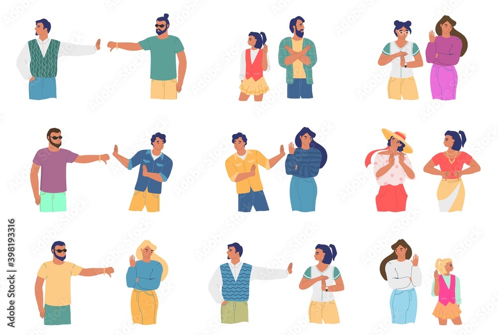 Conflict people cartoon character set flat vector illustration. Couples, friends expressing disagreement showing thumb down, stop, no hand gestures. Family relationship problems, conflict with friends