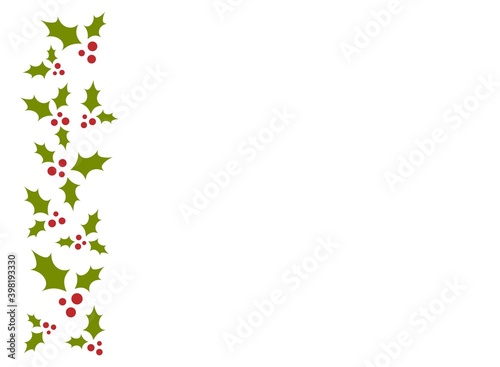 red and green holly berry border on white background. Winter horizontal wallpaper.