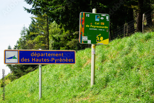 Signs at the entrance to the Tour de France Pass Col de Peyresourde. High quality photo photo