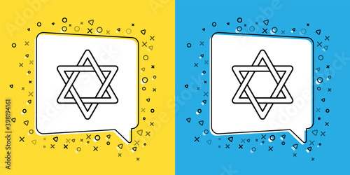 Set line Star of David icon isolated on yellow and blue background. Jewish religion symbol. Symbol of Israel. Vector.