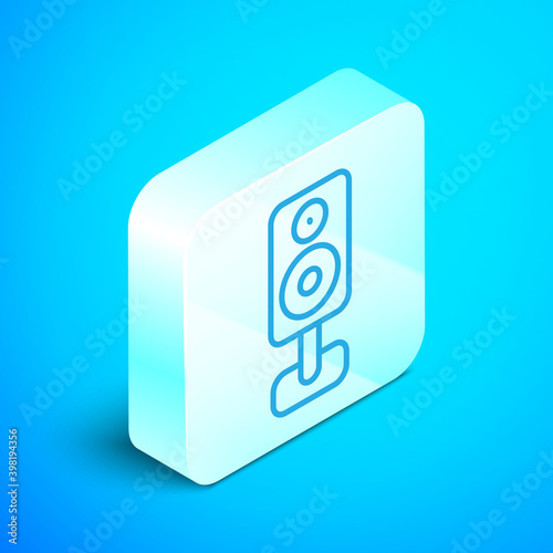 Isometric line Stereo speaker icon isolated on blue background. Sound system speakers. Music icon. Musical column speaker bass equipment. Silver square button. Vector.