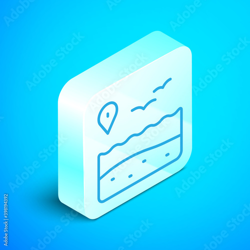 Isometric line Location with beach icon isolated on blue background. Tropical beach landscape. Good sunny day. Silver square button. Vector.