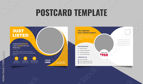 Real estate postcard design template. Just listed postcard, home buy and sale postcard