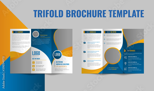 Modern stylish corporate business brochure. Orange and dark blue trifold brochure template