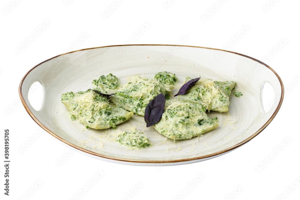 Ukrainian dumplings vareniki with parsley isolated on white Ukrainian dumplings vareniki with parsley isolated on white