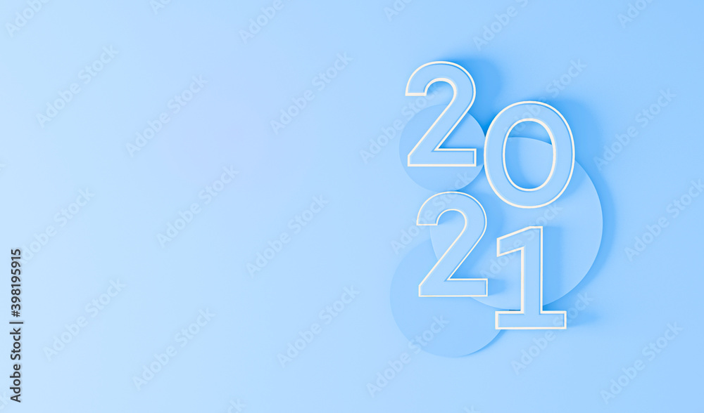 Obraz premium Minimal scene with podium and pastel blue background. Concept of Happy New Year 2021. 3D numbers 2021 and letter text, poster, banner, cover card, brochure, studio, mockup. 3d render. Front view.