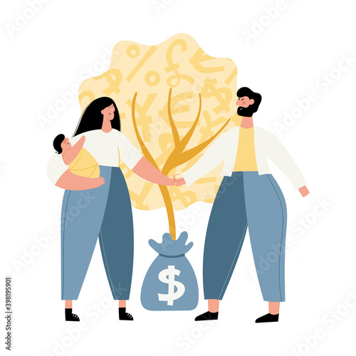 Family with a baby managing their financial wealth and emergency risks. Family finance, money savings, emergency support fund, investments, personal capital, insurance, financial growth concept