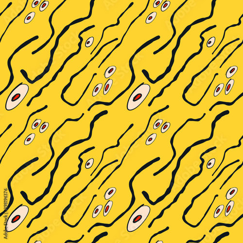 Abstract leopard seamless pattern with graphic circles ovals lines on yellow. For Wallpaper, fabrics, packaging, etc.