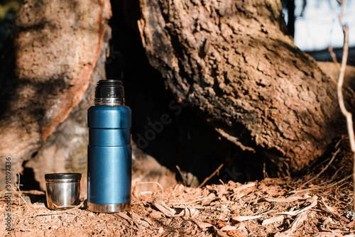 Thermos and mug standing in a sunny forest. Vacuum travel flask. Camping concept, equipment for travel, adventure.