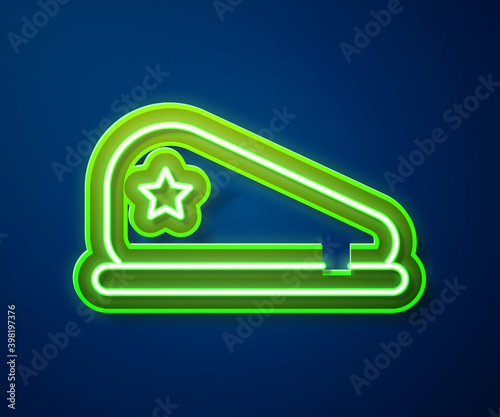 Glowing neon line Military beret icon isolated on blue background. Soldiers cap. Army hat. War baret. Vector.