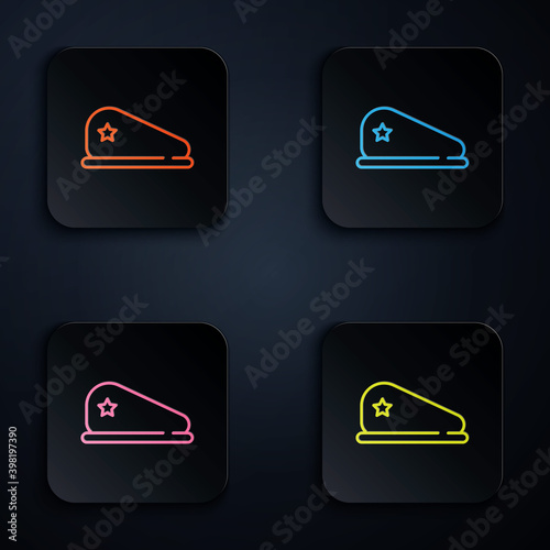 Color neon line Military beret icon isolated on black background. Soldiers cap. Army hat. War baret. Set icons in square buttons. Vector.