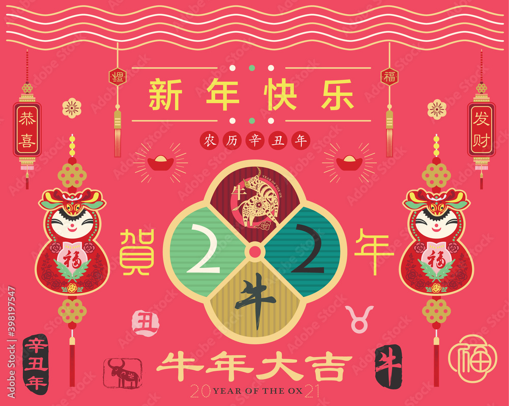 Red Chinese New Year 2021 Year Of The Ox Greeting Element. (Chinese translation Ox Year and Ox year with big prosperity. Red Stamp with Vintage Ox Calligraphy.)