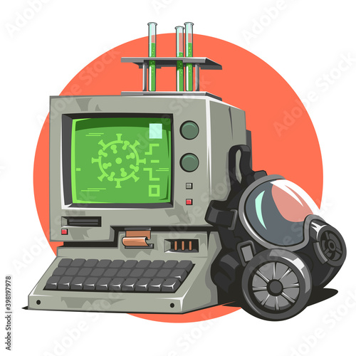Covid 19 treatment of viral disease. A lab with a computer and a mask. Vaccine tubes. Flat-style icon. Laboratory Virus Analysis. Protection against sickness. Vector illustration EPS 10