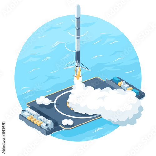 Rocket taking off from the platform. Rocket landing at sea. New missile is under control. Successful landing. success in the Rocket Engineering Business. Flat-style icon. Vector illustration EPS 10