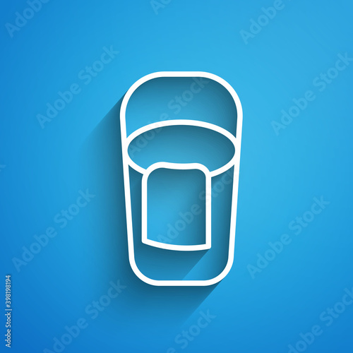 White line Bucket with rag icon isolated on blue background. Cleaning service concept. Long shadow. Vector.