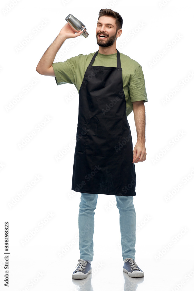 alcohol drinks, people and job concept - happy smiling barman in black apron with shaker preparing cocktail over white background alcohol drinks, people and job concept - happy smiling barman in black apron with shaker preparing cocktail over white background